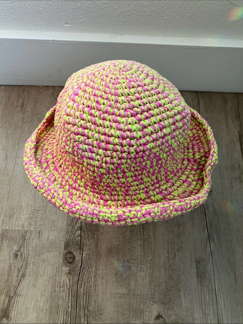 Handmade knit hat women's/kids. Pink and lime green